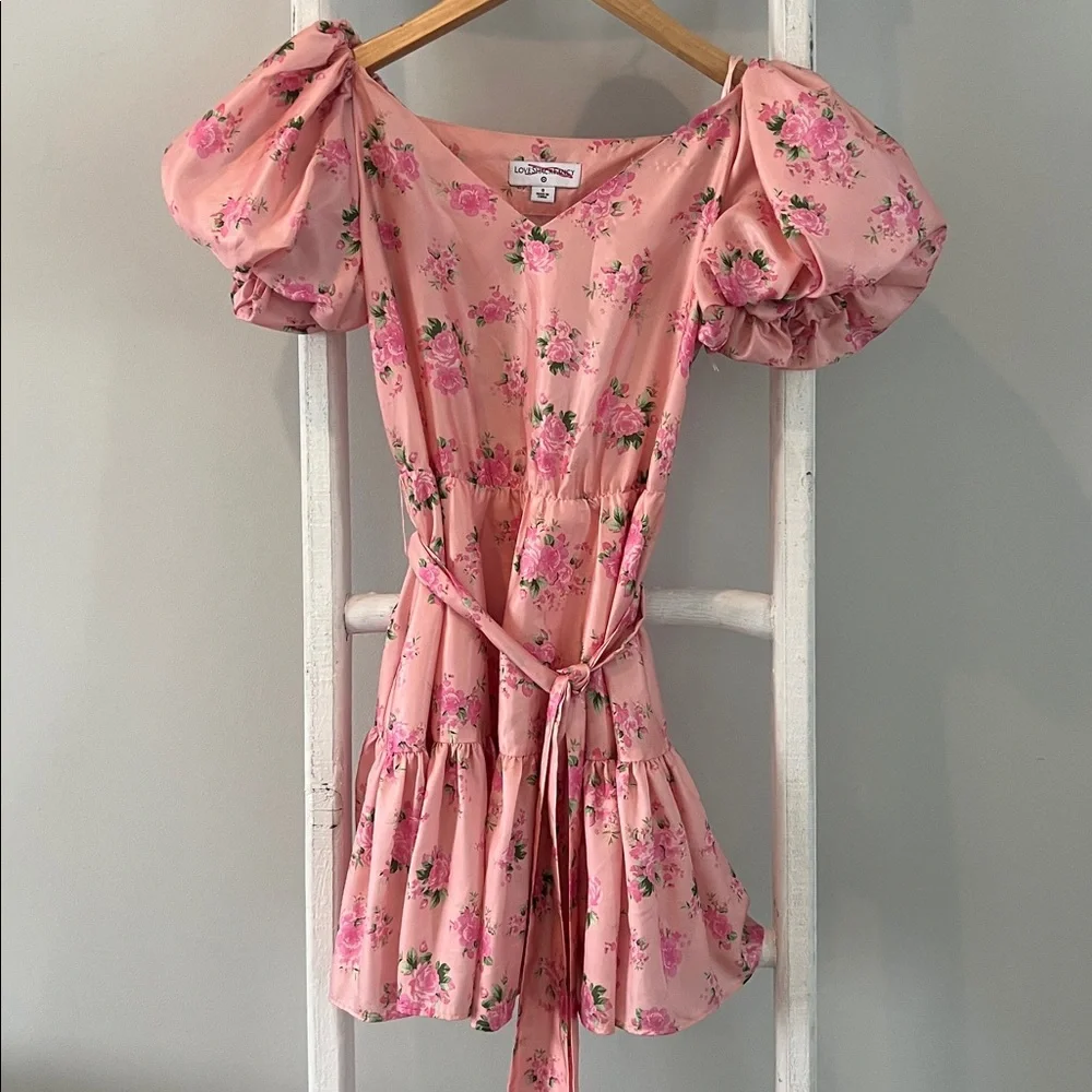 LoveShackFancy Cecile Pink Floral silky belted puff sleeve Mini Dress size 0 - Picture 3 of 10